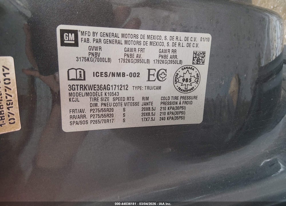 2010 GMC SIERRA 1500 SLT VIN: 3GTRKWE36AG171212