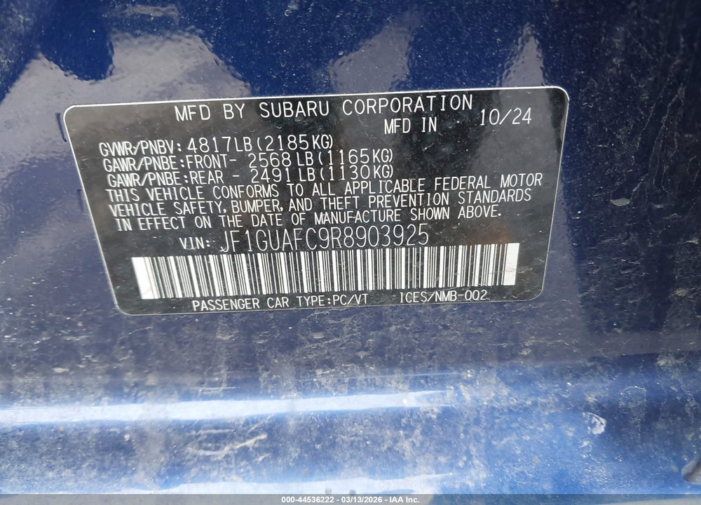 2024 SUBARU IMPREZA SPORT 5-DOOR VIN: JF1GUAFC9R8903925