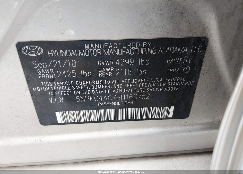 2011 HYUNDAI SONATA LIMITED VIN: 5NPEC4AC7BH160752