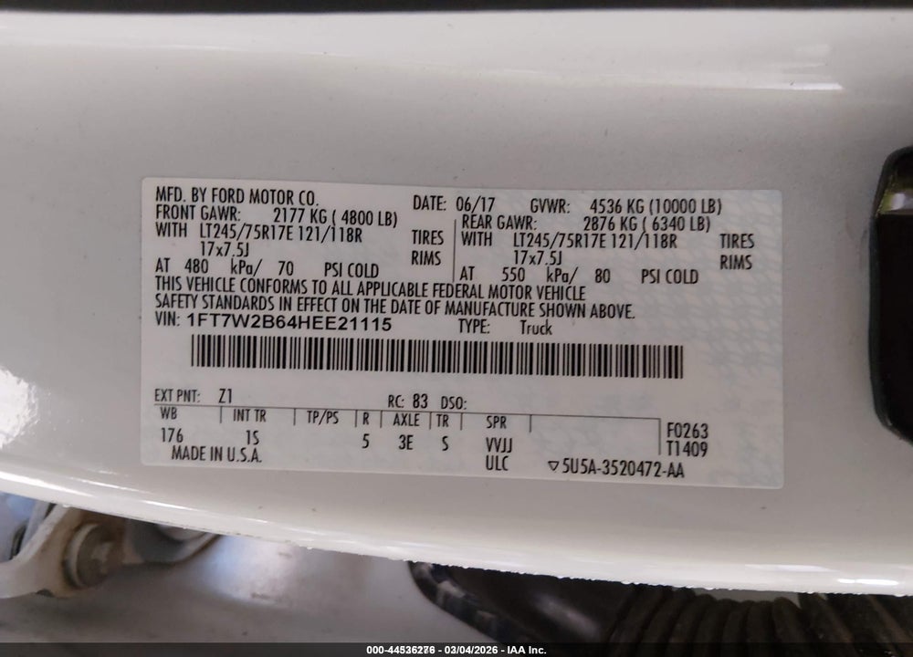 2017 FORD F-250 XL VIN: 1FT7W2B64HEE21115