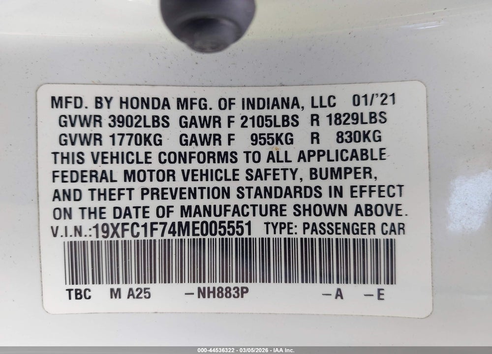2021 HONDA CIVIC EX-L VIN: 19XFC1F74ME005551