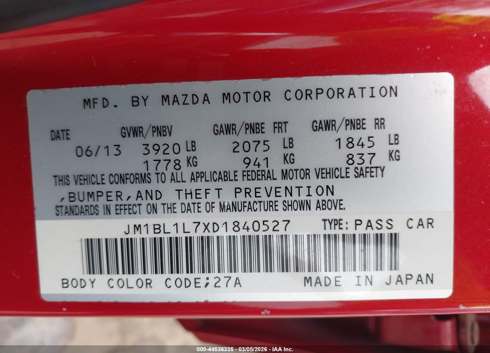 2013 MAZDA 3 I TOURING VIN: JM1BL1L7XD1840527