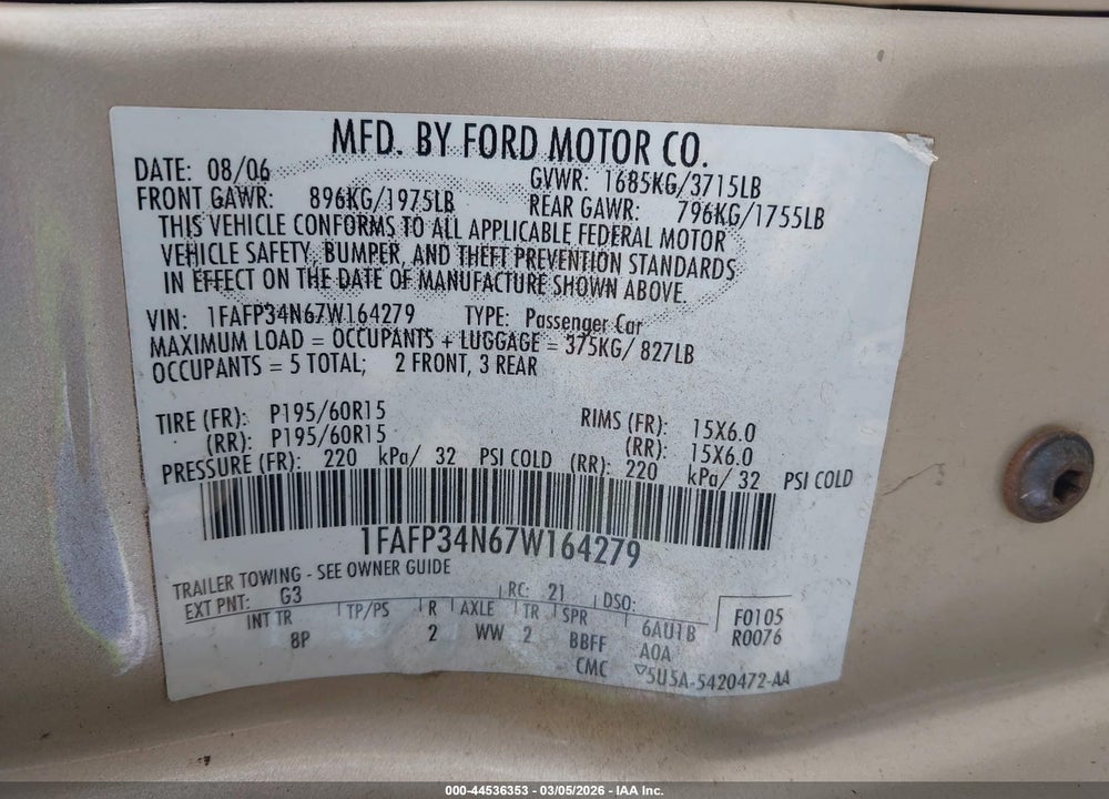 2007 FORD FOCUS S/SE/SES VIN: 1FAFP34N67W164279