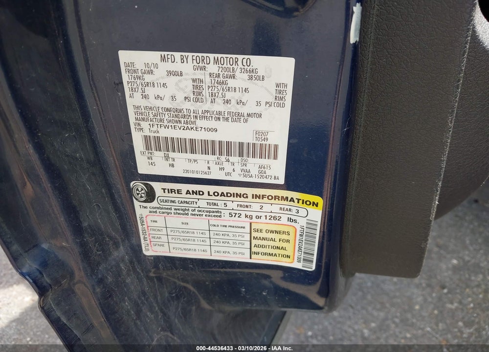 2010 FORD F-150 LARIAT VIN: 1FTFW1EV2AKE71009