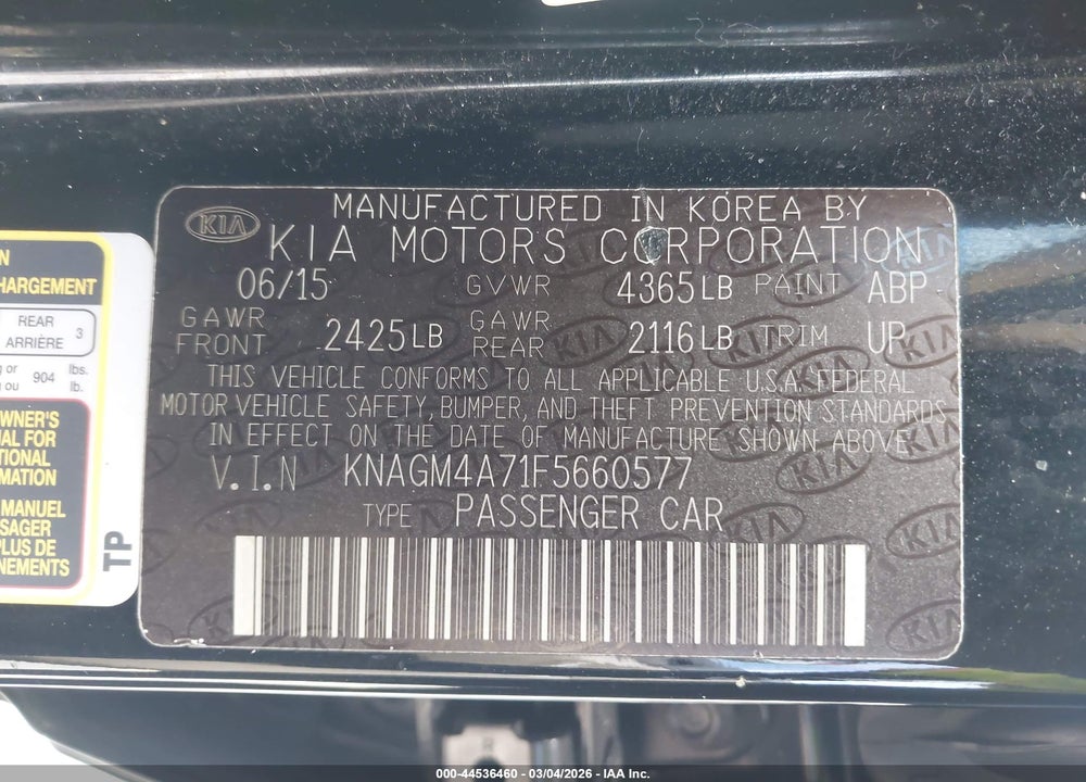 2015 KIA OPTIMA LX VIN: KNAGM4A71F5660577