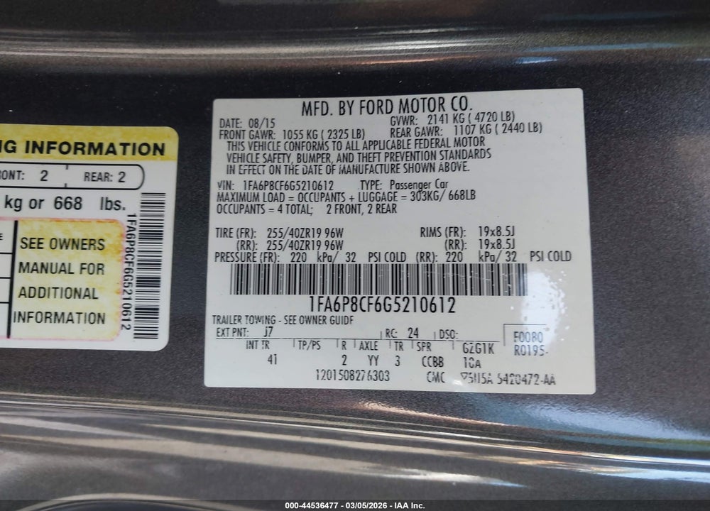 2016 FORD MUSTANG GT PREMIUM VIN: 1FA6P8CF6G5210612