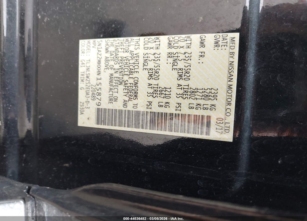 2017 NISSAN MURANO PLATINUM VIN: 5N1AZ2MHXHN155879