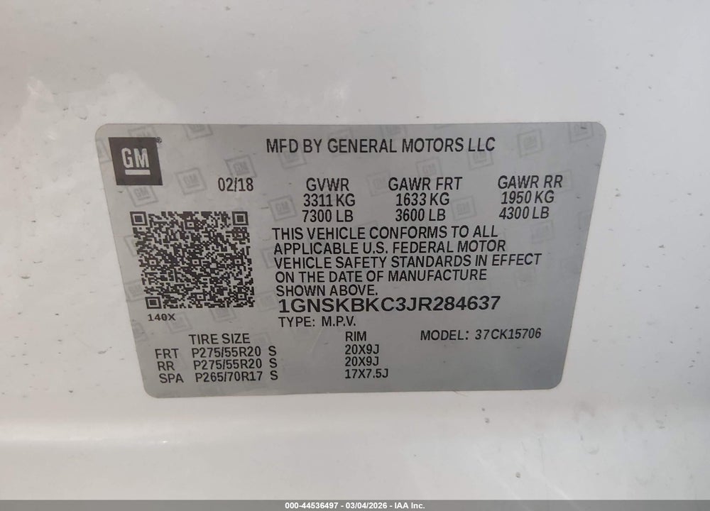 2018 CHEVROLET TAHOE LT VIN: 1GNSKBKC3JR284637