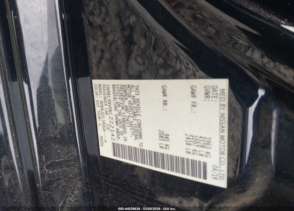 2019 NISSAN ALTIMA 2.5 S VIN: 1N4BL4BV0KC222142