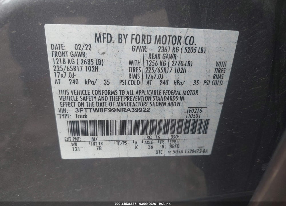 2022 FORD MAVERICK XLT VIN: 3FTTW8F99NRA39922