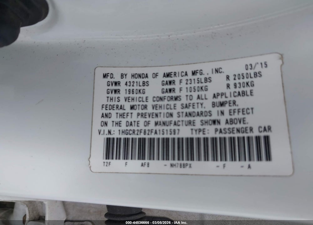 2015 HONDA ACCORD EX-L VIN: 1HGCR2F82FA151597