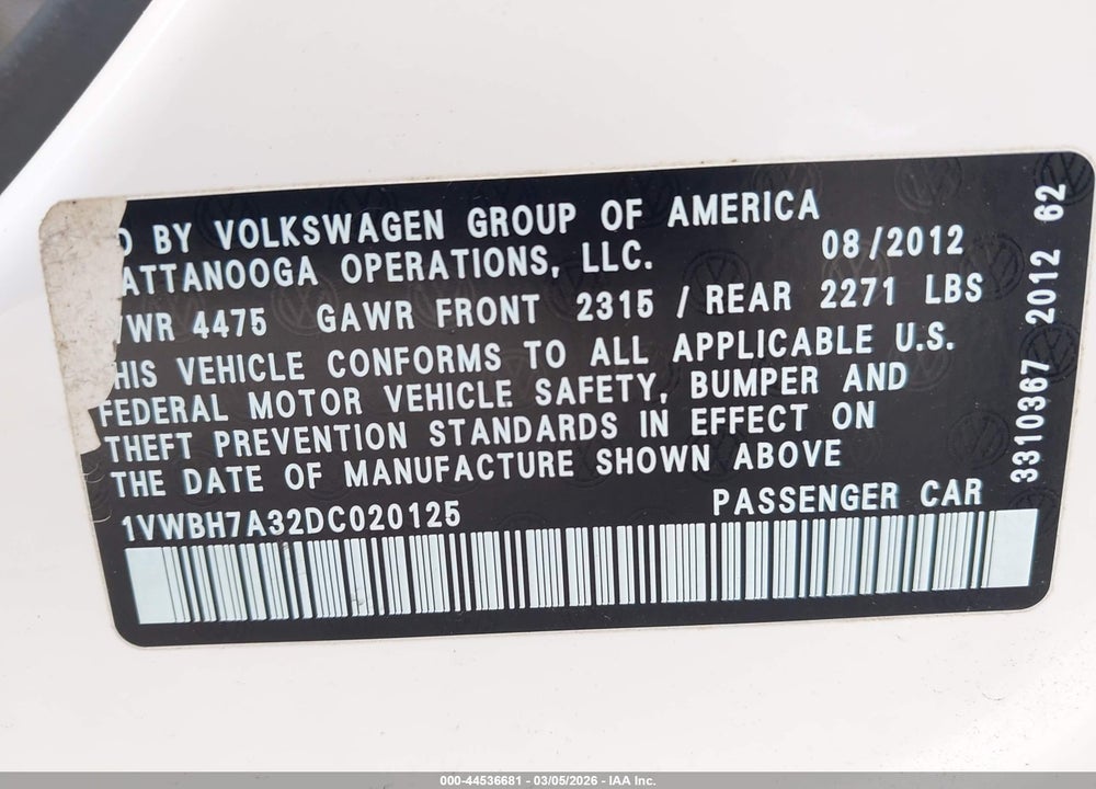 2013 VOLKSWAGEN PASSAT 2.5L SE VIN: 1VWBH7A32DC020125