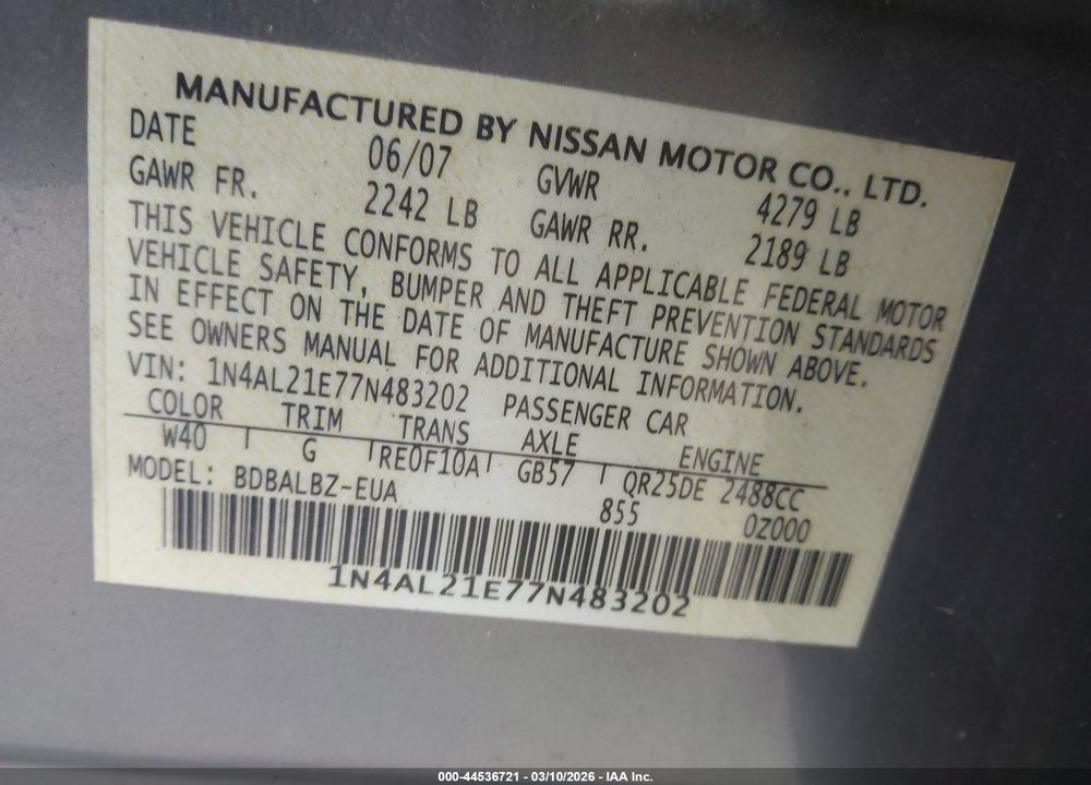 2007 NISSAN ALTIMA 2.5 S VIN: 1N4AL21E77N483202