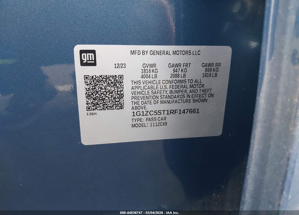 2024 CHEVROLET MALIBU FWD 1FL VIN: 1G1ZC5ST1RF147661