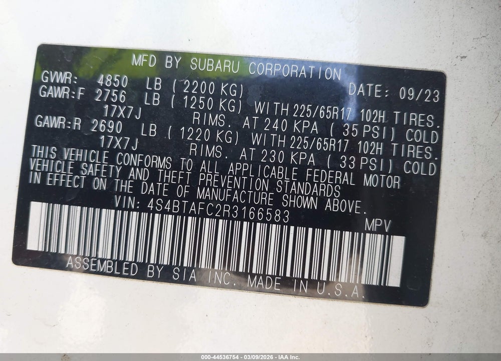 2024 SUBARU OUTBACK PREMIUM VIN: 4S4BTAFC2R3166583