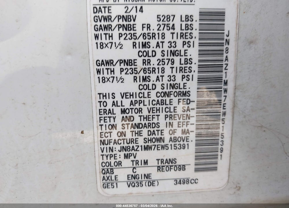 2014 NISSAN MURANO LE/S/SL/SV VIN: JN8AZ1MW7EW515391