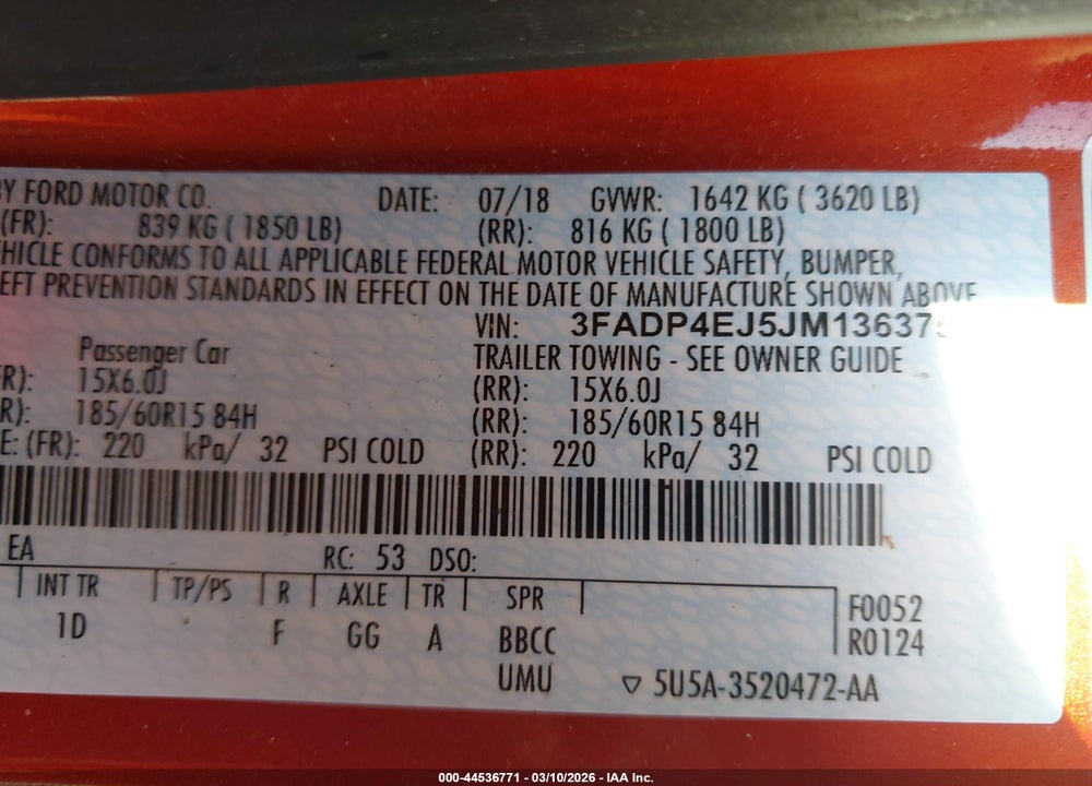 2018 FORD FIESTA SE VIN: 3FADP4EJ5JM136375