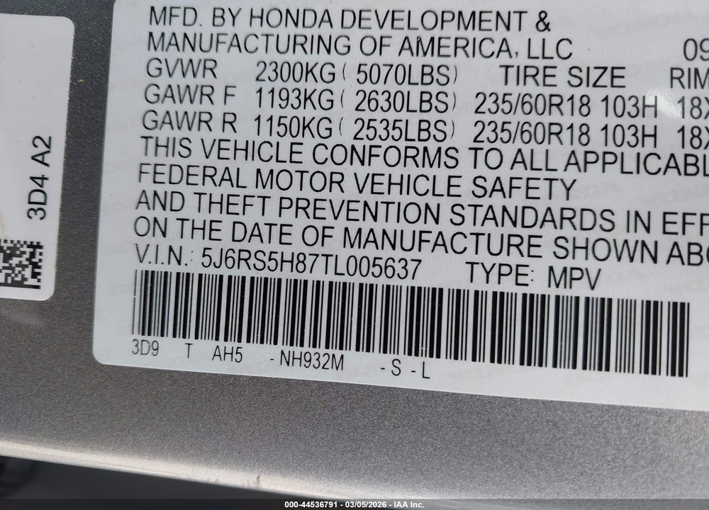 2026 HONDA CR-V HYBRID 2WD SPORT-L VIN: 5J6RS5H87TL005637