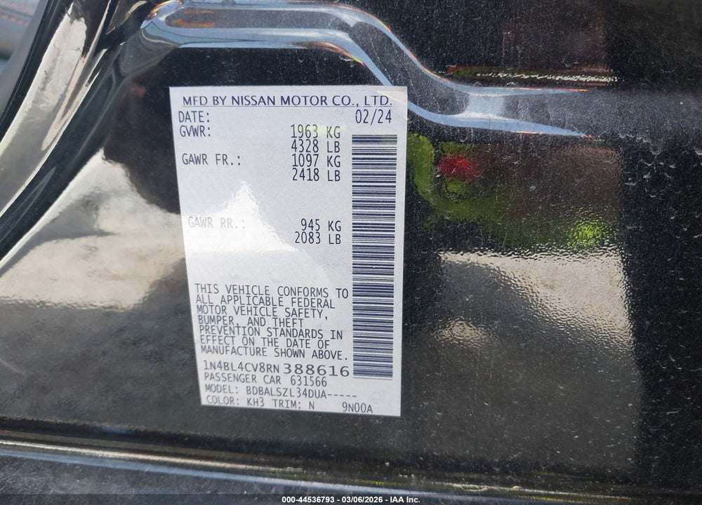 2024 NISSAN ALTIMA SR FWD VIN: 1N4BL4CV8RN388616