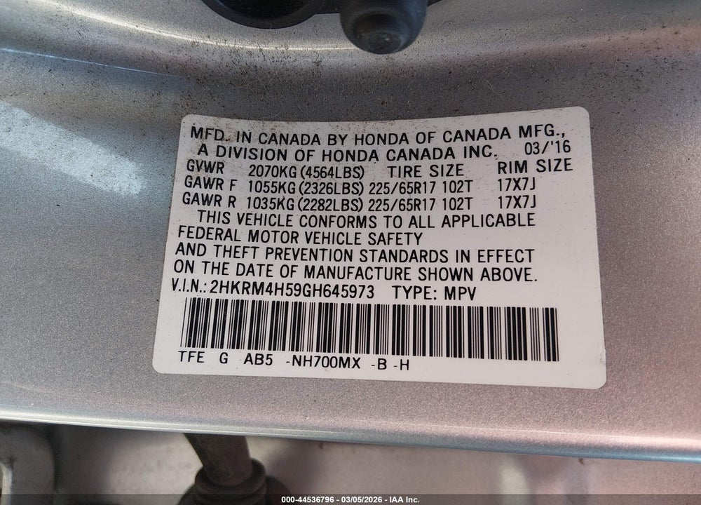 2016 HONDA CR-V EX VIN: 2HKRM4H59GH645973