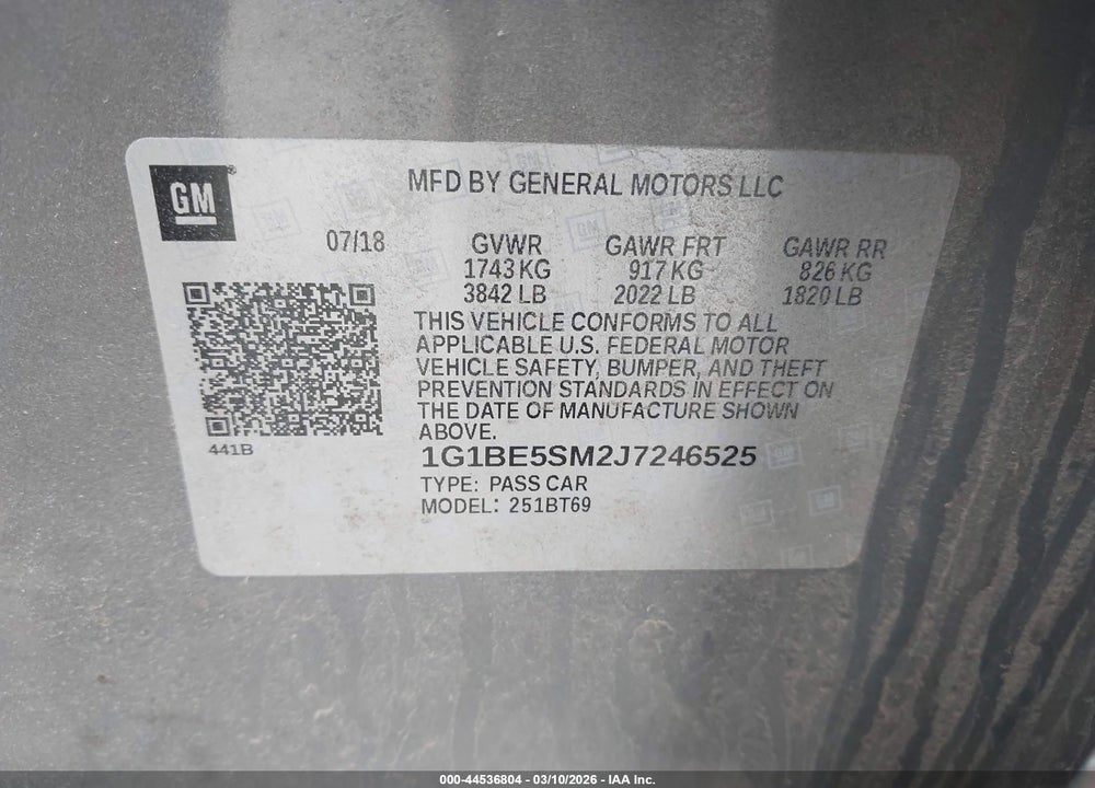 2018 CHEVROLET CRUZE LT AUTO VIN: 1G1BE5SM2J7246525