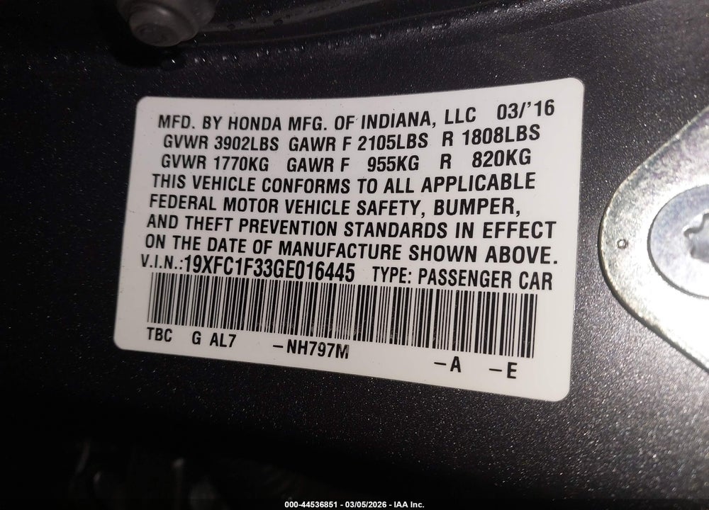 2016 HONDA CIVIC EX-T VIN: 19XFC1F33GE016445