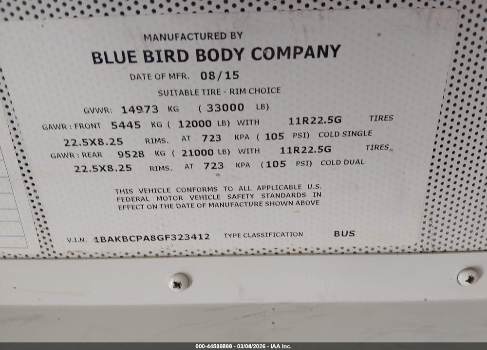 2016 BLUE BIRD SCHOOL BUS / TRANSIT BUS VIN: 1BAKBCPA8GF323412