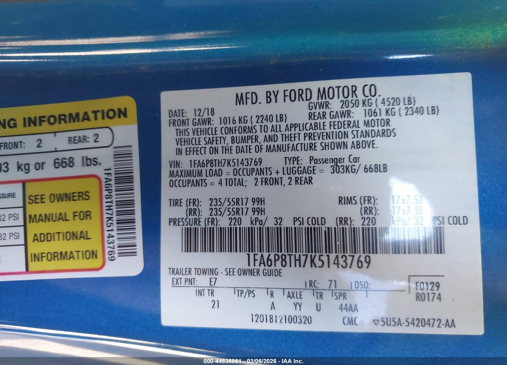 2019 FORD MUSTANG ECOBOOST VIN: 1FA6P8TH7K5143769