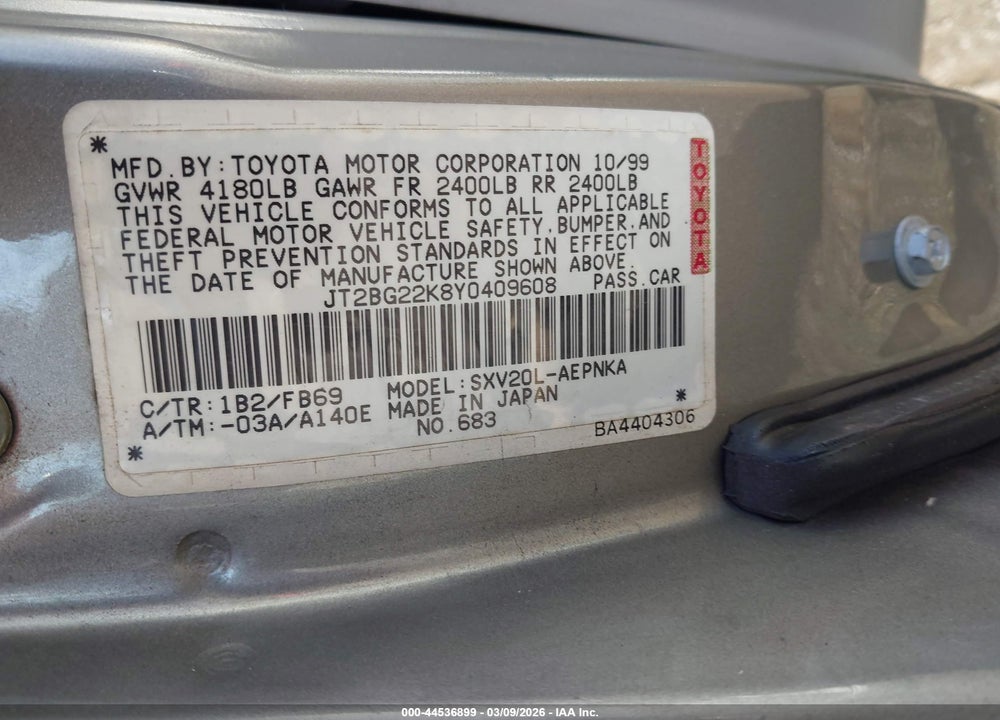 2000 TOYOTA CAMRY LE VIN: JT2BG22K8Y0409608