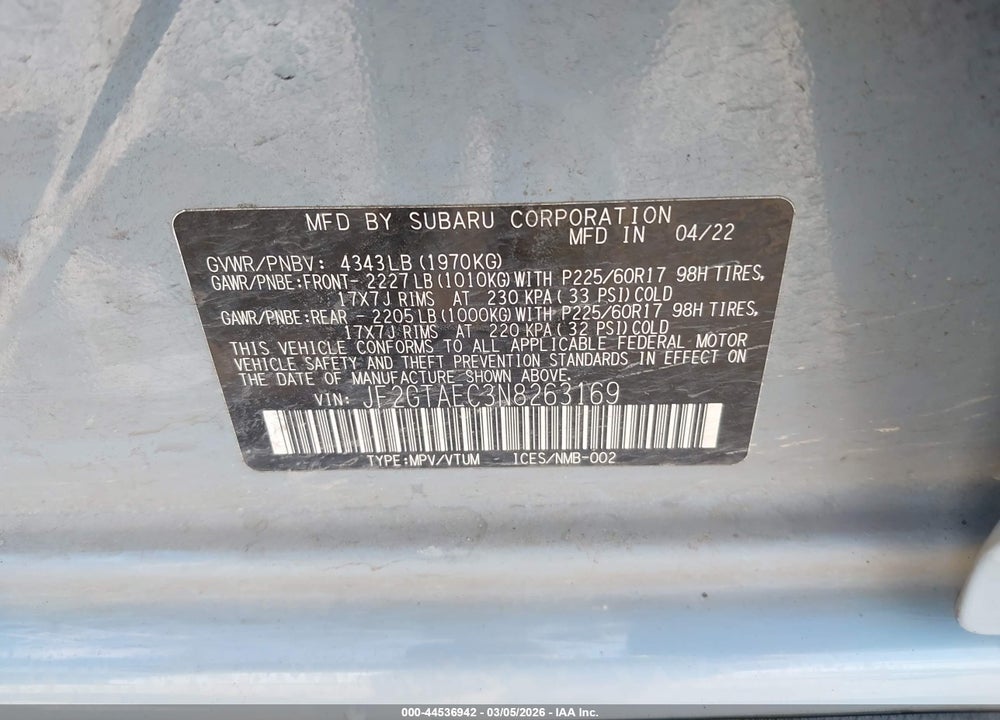 2022 SUBARU CROSSTREK PREMIUM VIN: JF2GTAEC3N8263169