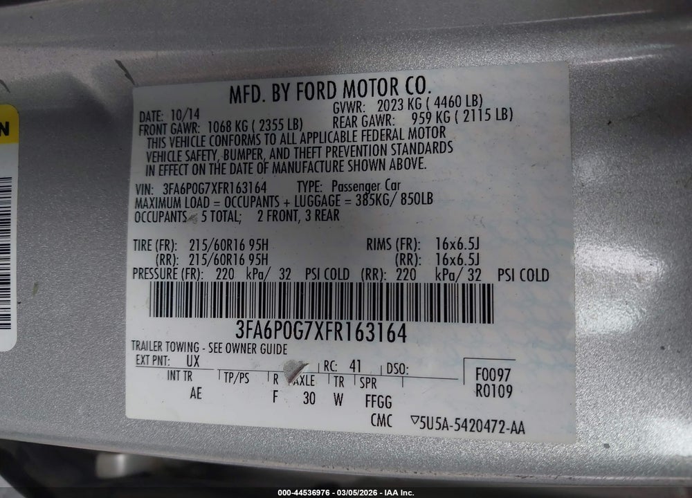 2015 FORD FUSION S VIN: 3FA6P0G7XFR163164