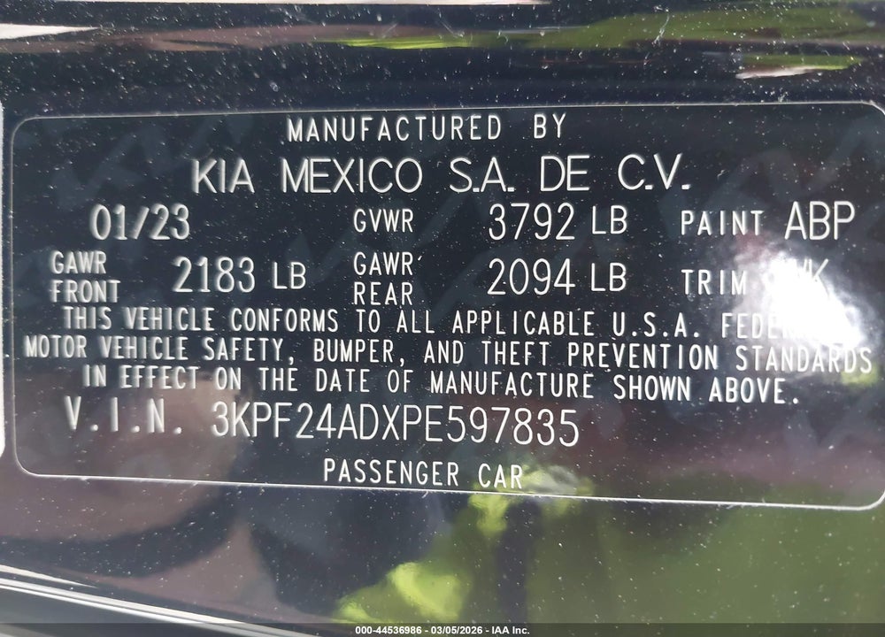 2023 KIA FORTE LXS VIN: 3KPF24ADXPE597835