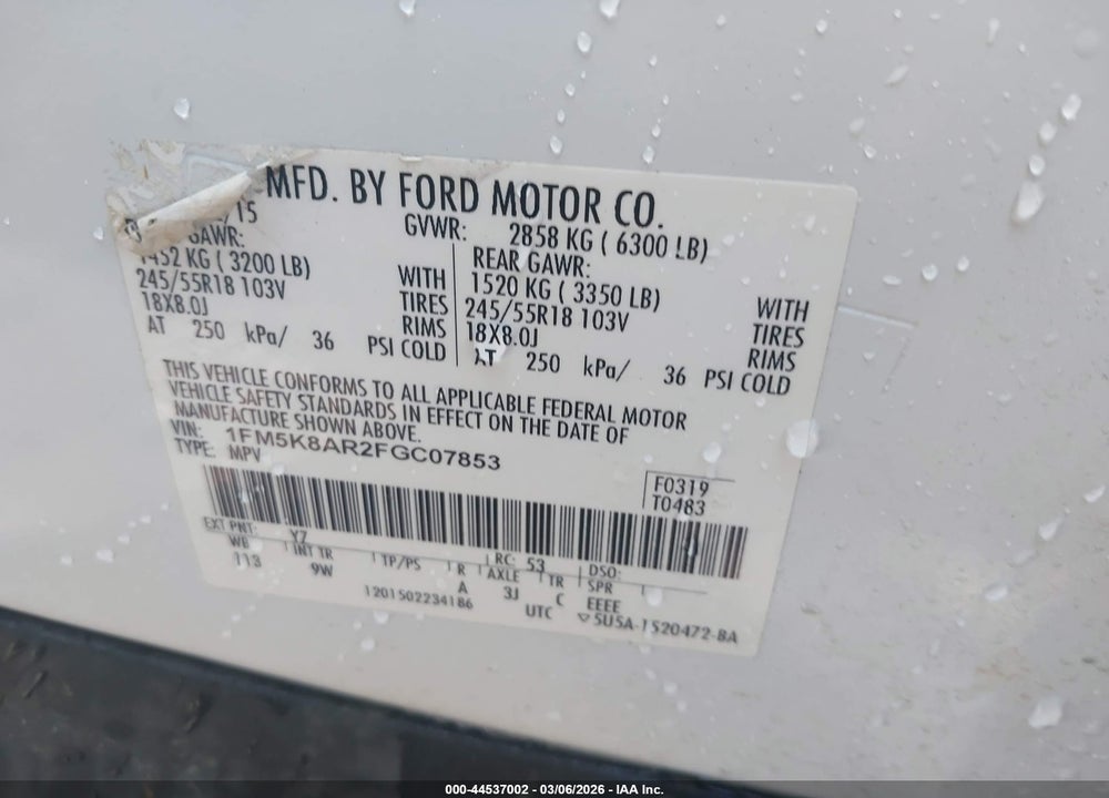 2015 FORD UTILITY POLICE INTERCEPTOR VIN: 1FM5K8AR2FGC07853