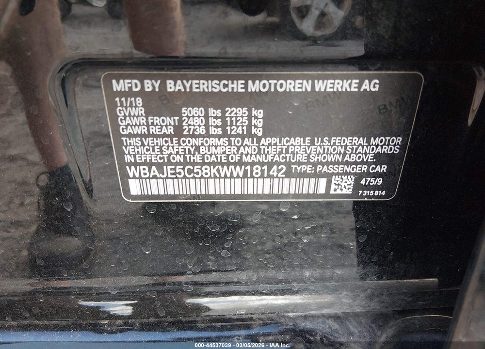 2019 BMW 540I VIN: WBAJE5C58KWW18142