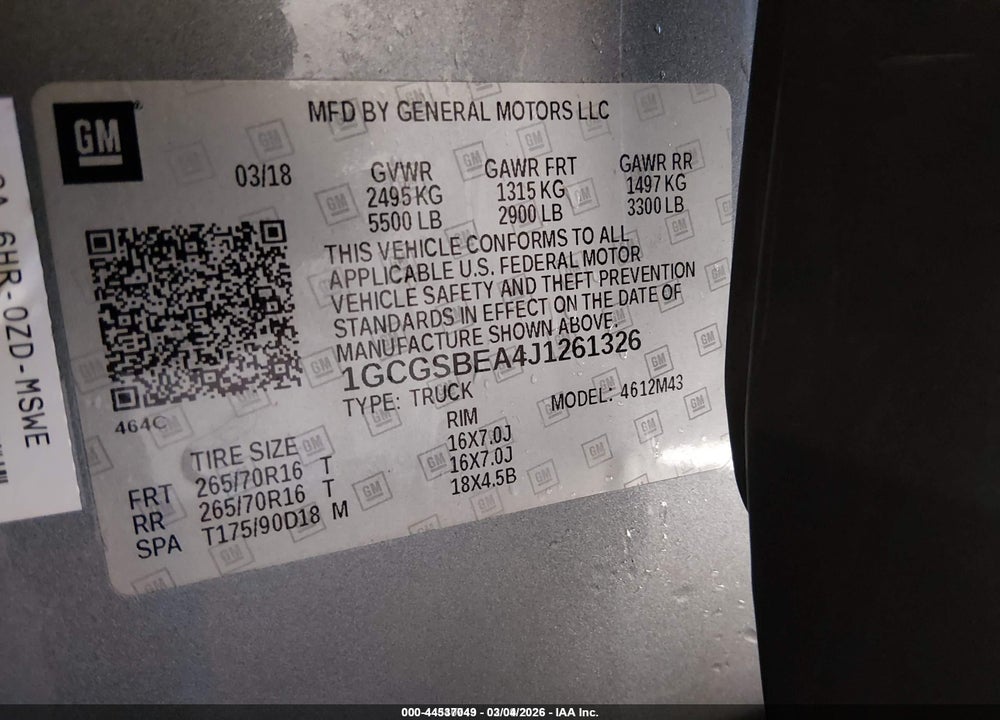 2018 CHEVROLET COLORADO WT VIN: 1GCGSBEA4J1261326
