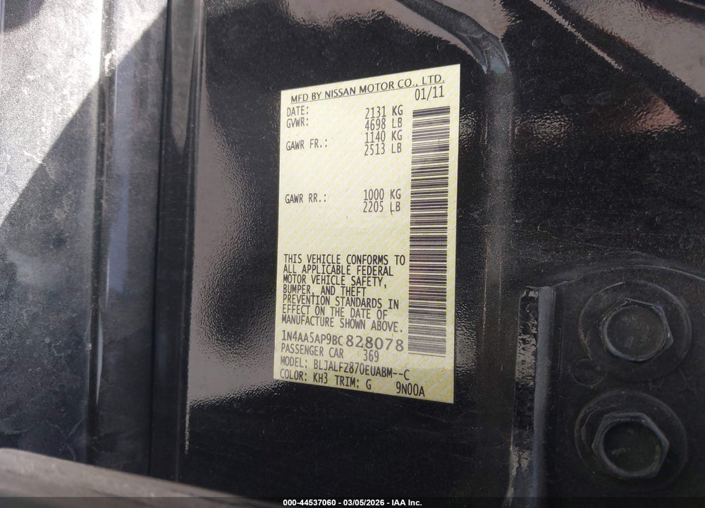 2011 NISSAN MAXIMA 3.5 SV VIN: 1N4AA5AP9BC828078