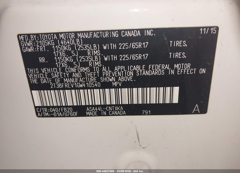 2016 TOYOTA RAV4 LE VIN: 2T3BFREV1GW410540