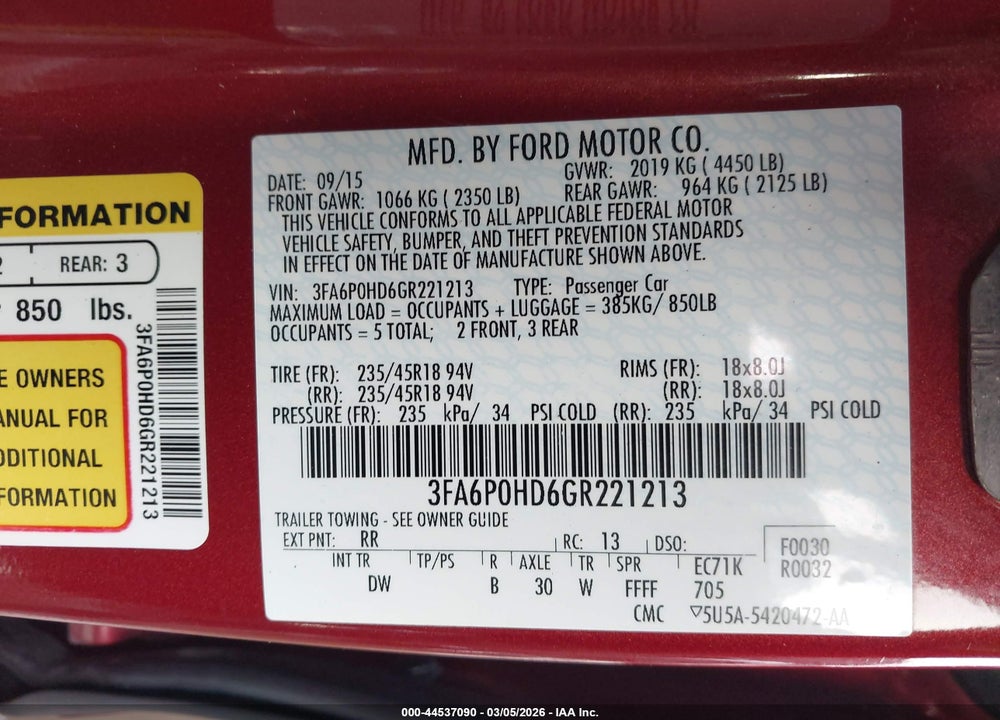 2016 FORD FUSION SE VIN: 3FA6P0HD6GR221213