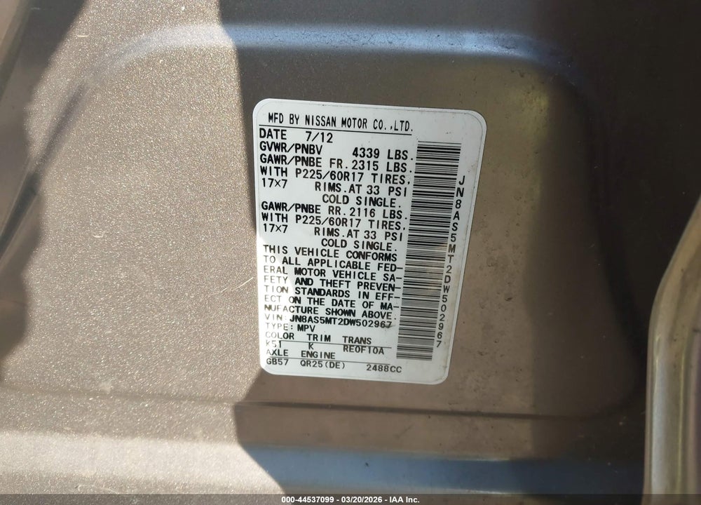 2013 NISSAN ROGUE SV VIN: JN8AS5MT2DW502967