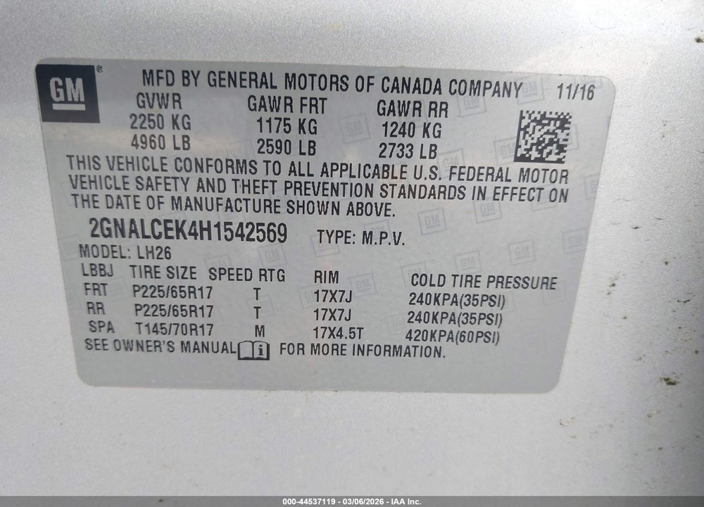 2017 CHEVROLET EQUINOX LT VIN: 2GNALCEK4H1542569