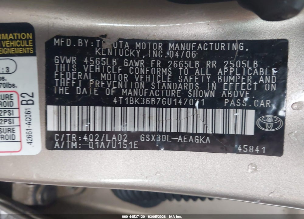 2006 TOYOTA AVALON XLS VIN: 4T1BK36B76U147071