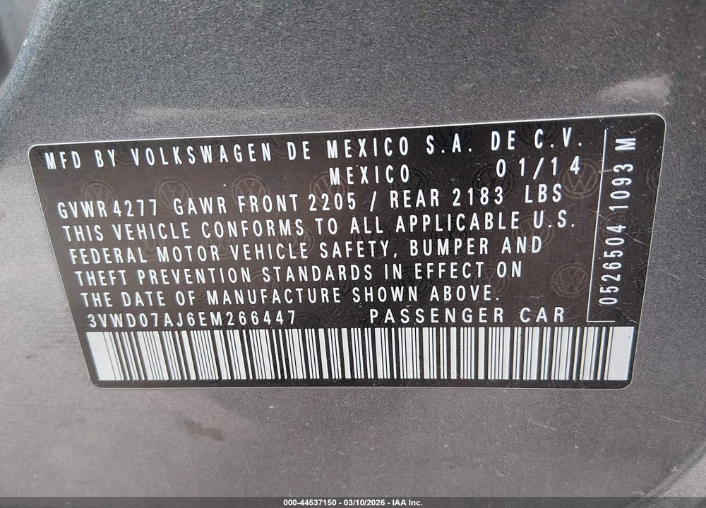 2014 VOLKSWAGEN JETTA 1.8T SE VIN: 3VWD07AJ6EM266447