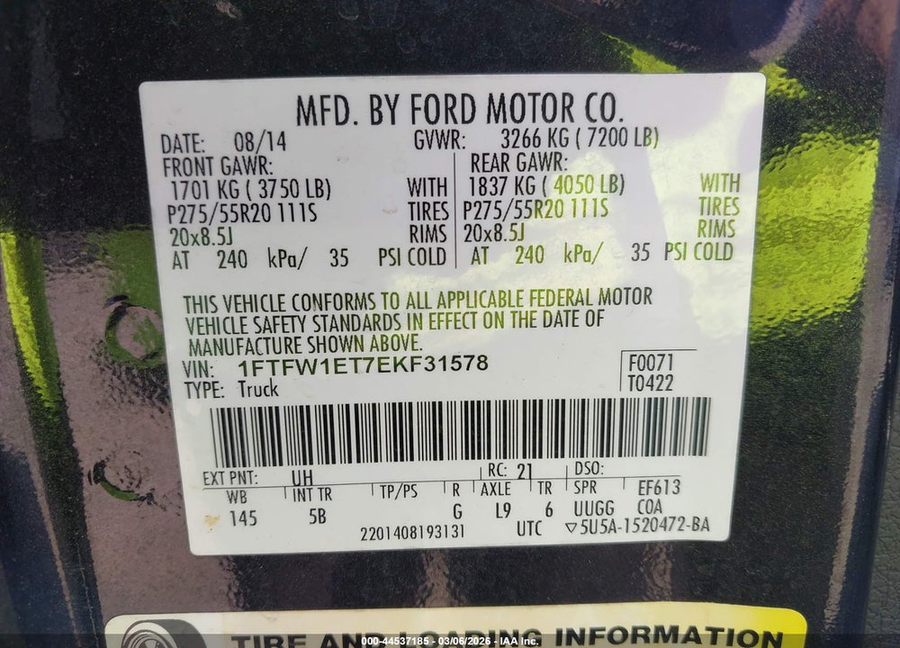 2014 FORD F-150 FX4 VIN: 1FTFW1ET7EKF31578