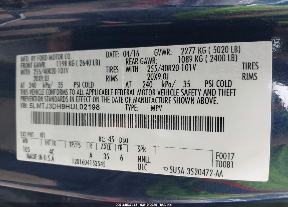 2017 LINCOLN MKC RESERVE VIN: 5LMTJ3DH9HUL02198
