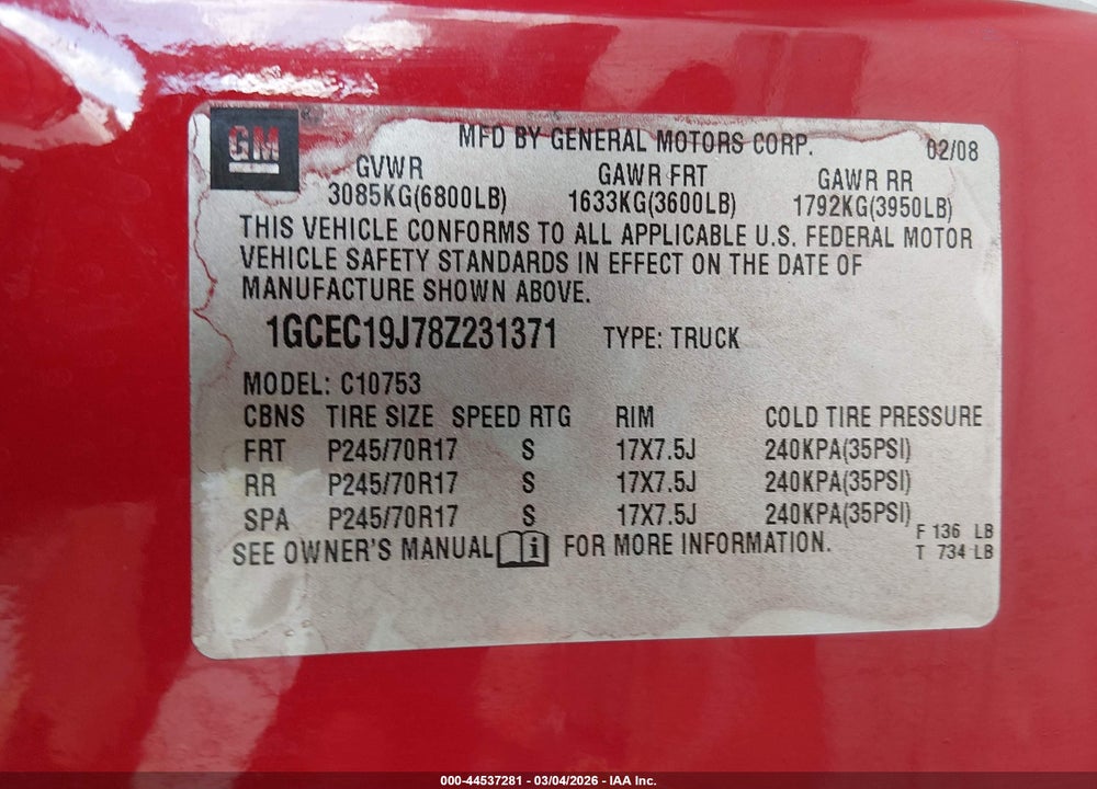 2008 CHEVROLET SILVERADO 1500 LT1 VIN: 1GCEC19J78Z231371