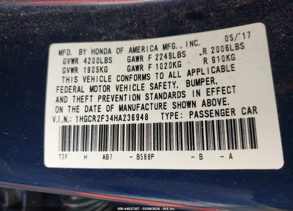 2017 HONDA ACCORD LX VIN: 1HGCR2F34HA236948