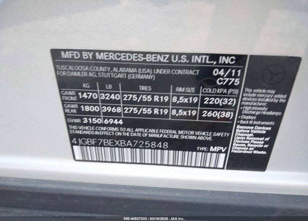 2011 MERCEDES-BENZ GL 450 4MATIC VIN: 4JGBF7BEXBA725848