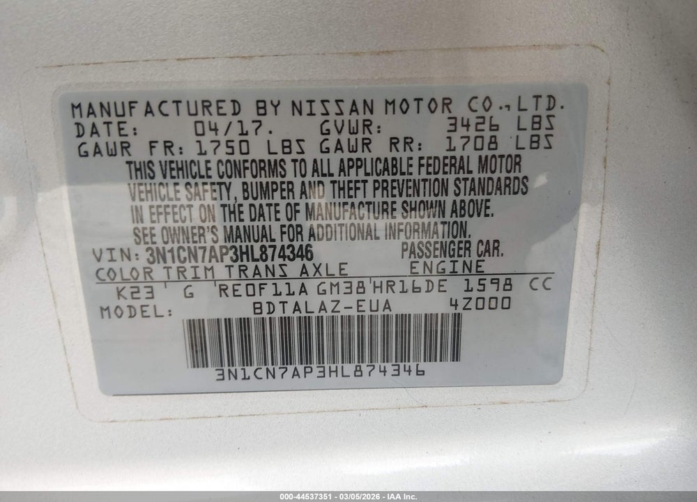 2017 NISSAN VERSA 1.6 S+ VIN: 3N1CN7AP3HL874346