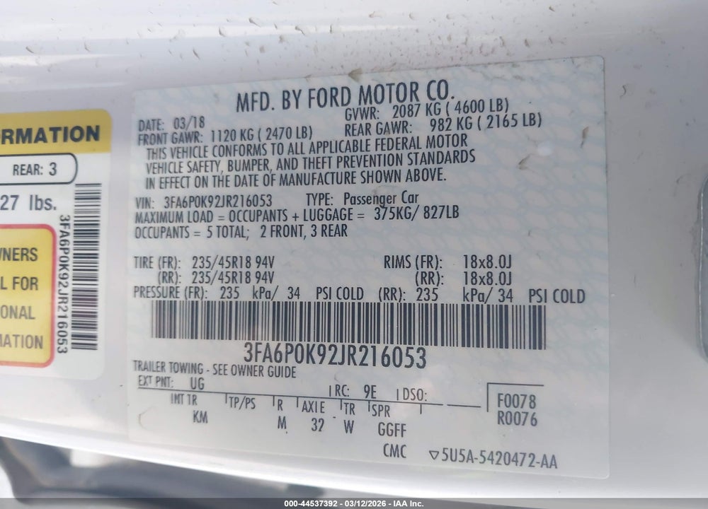 2018 FORD FUSION TITANIUM VIN: 3FA6P0K92JR216053
