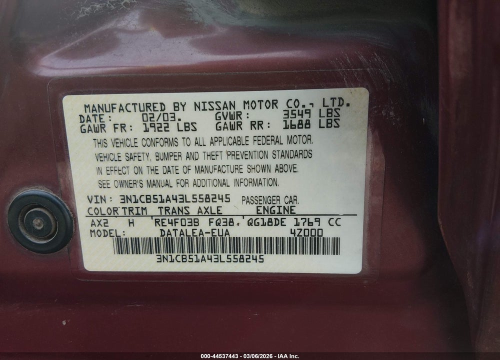 2003 NISSAN SENTRA GXE VIN: 3N1CB51A43L558245